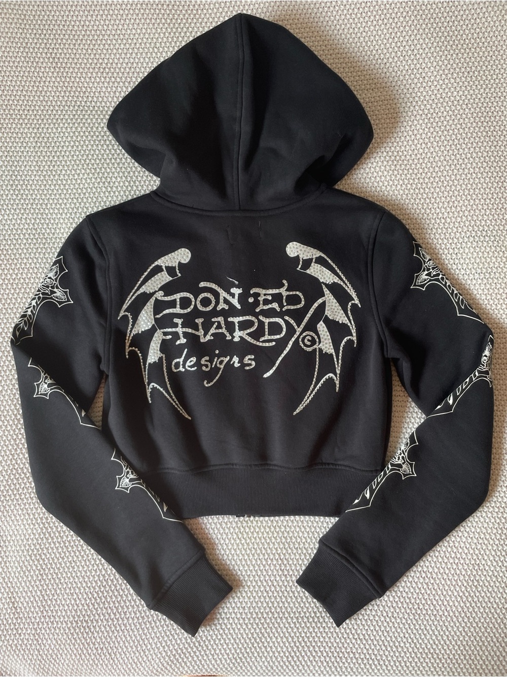 Ed Hardy Black Crosses Rhinestone Zip Up Hoodie